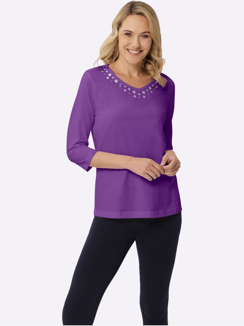 T-shirt à Manches 3/4 Imprimé Transfert Couleur Argenté - Taille Standard - Moda Vilona Mauve lilas - Kiabi