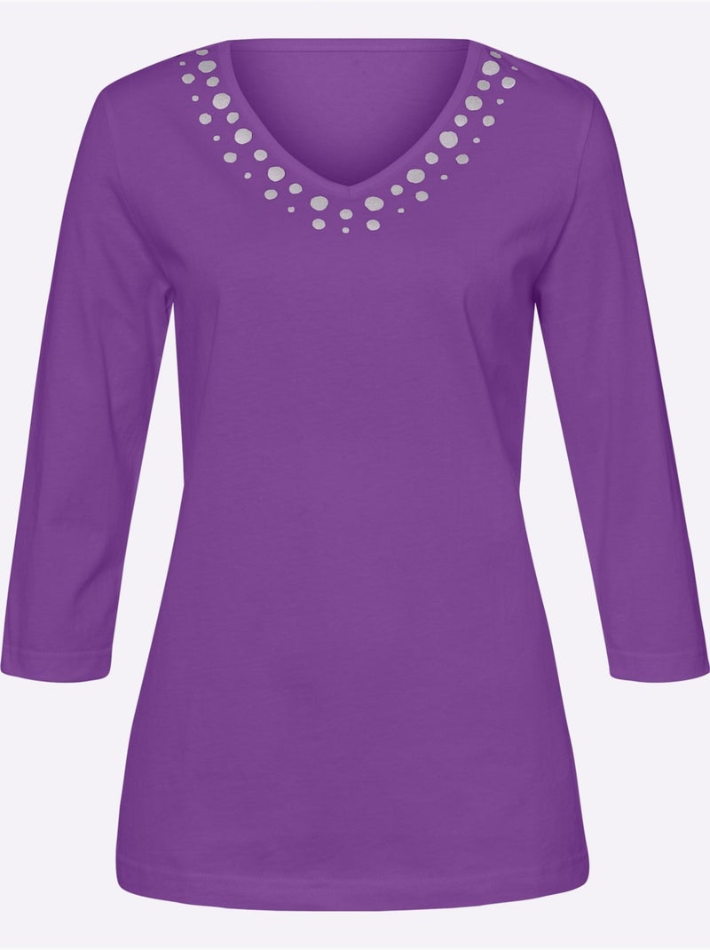 T-shirt à Manches 3/4 Imprimé Transfert Couleur Argenté - Taille Standard - Moda Vilona Mauve lilas - Kiabi