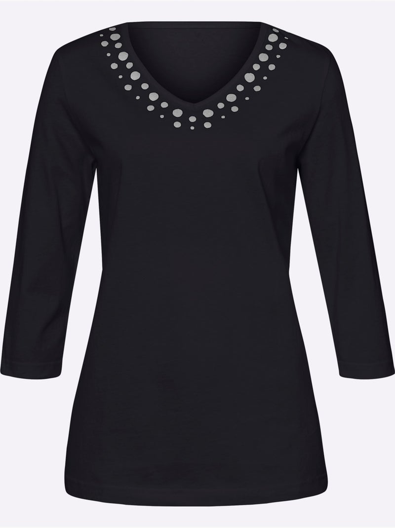 T-shirt à Manches 3/4 Imprimé Transfert Couleur Argenté - Taille Standard - Moda Vilona Noir - Kiabi