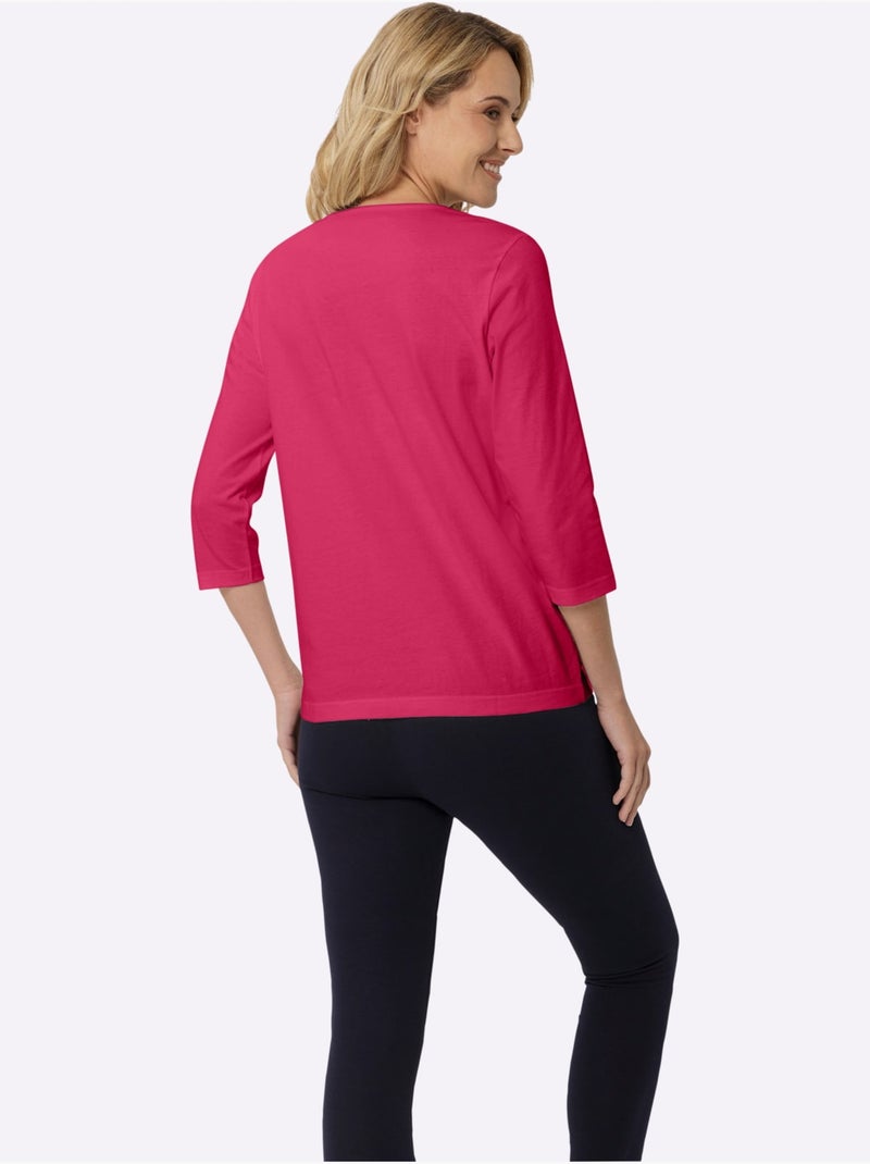 T-shirt à Manches 3/4 Imprimé Transfert Couleur Argenté - Taille Standard - Moda Vilona Rose fushia - Kiabi