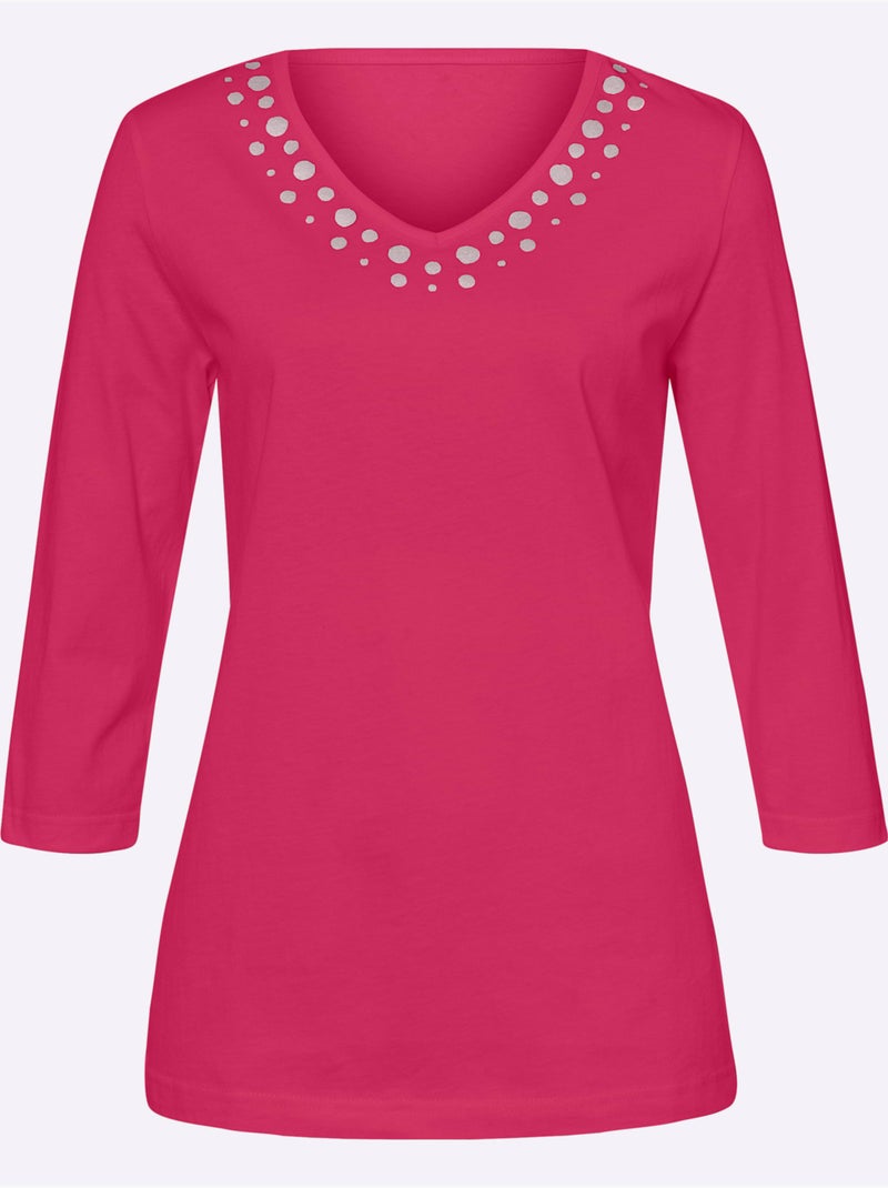 T-shirt à Manches 3/4 Imprimé Transfert Couleur Argenté - Taille Standard - Moda Vilona Rose fushia - Kiabi