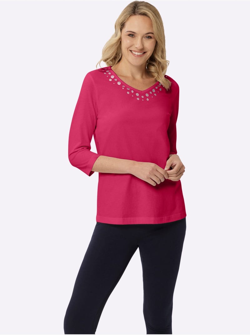 T-shirt à Manches 3/4 Imprimé Transfert Couleur Argenté - Taille Standard - Moda Vilona Rose fushia - Kiabi