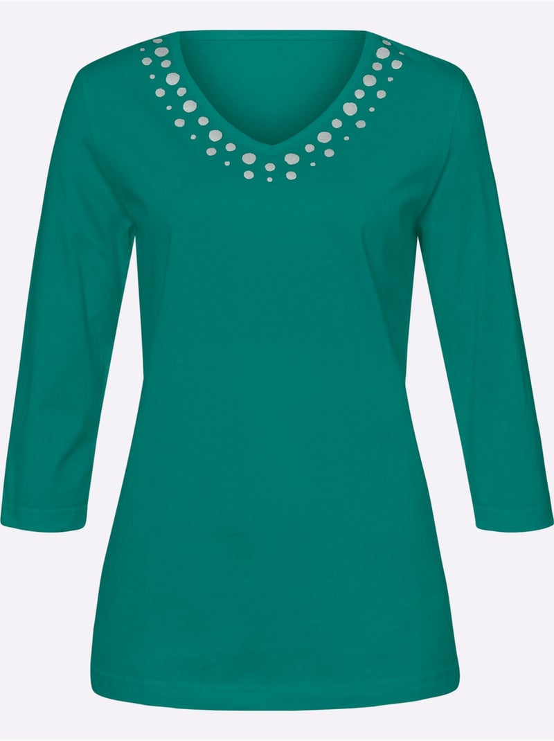T-shirt à Manches 3/4 Imprimé Transfert Couleur Argenté - Taille Standard - Moda Vilona Vert - Kiabi