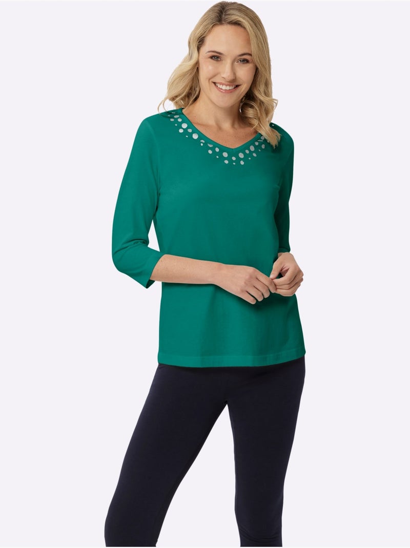 T-shirt à Manches 3/4 Imprimé Transfert Couleur Argenté - Taille Standard - Moda Vilona Vert - Kiabi