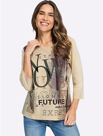 T-shirt à manches 3/4 inscription imprimée tendance - taille standard - moda vilona