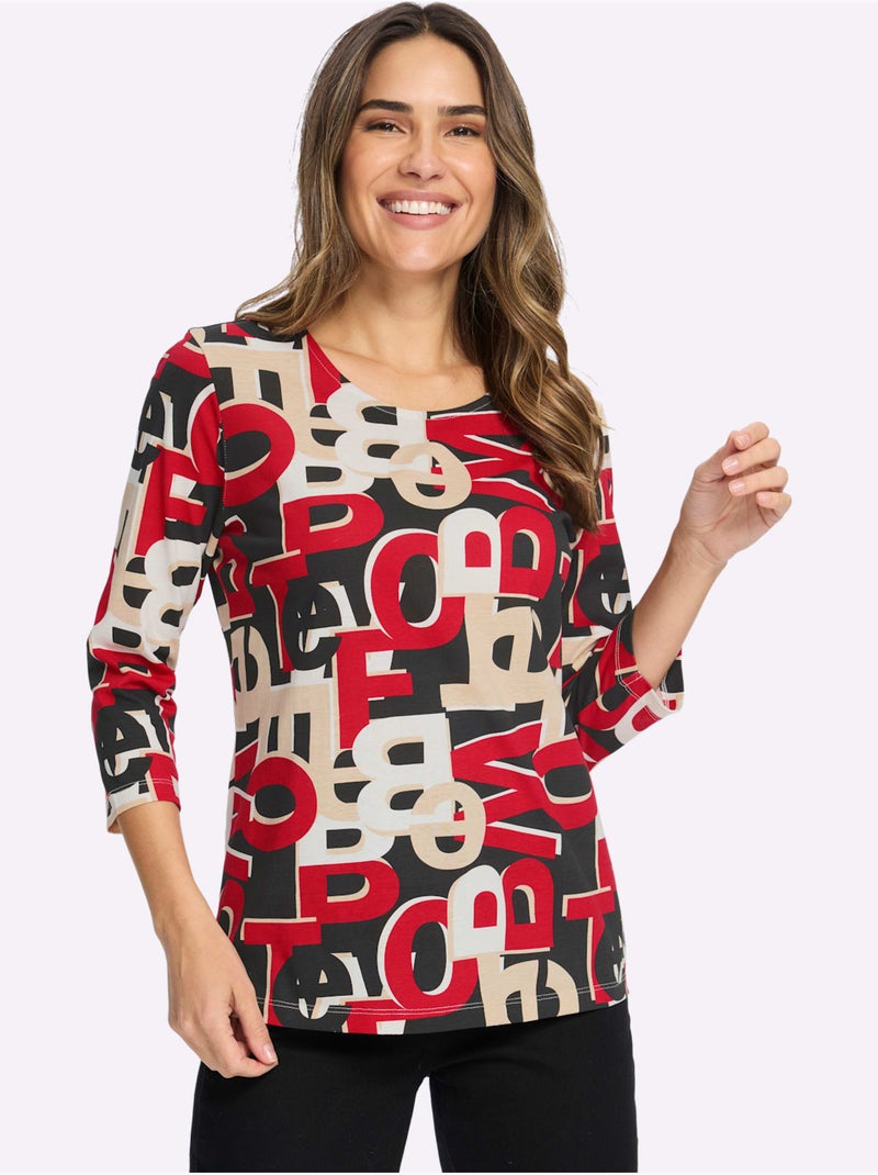 T-shirt à Manches 3/4 Inscription Imprimée Tendance - Taille Standard - Moda Vilona Noir Rouge - Kiabi