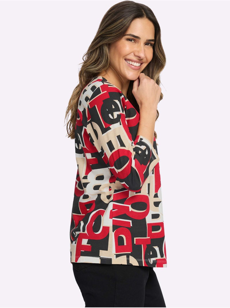 T-shirt à Manches 3/4 Inscription Imprimée Tendance - Taille Standard - Moda Vilona Noir Rouge - Kiabi