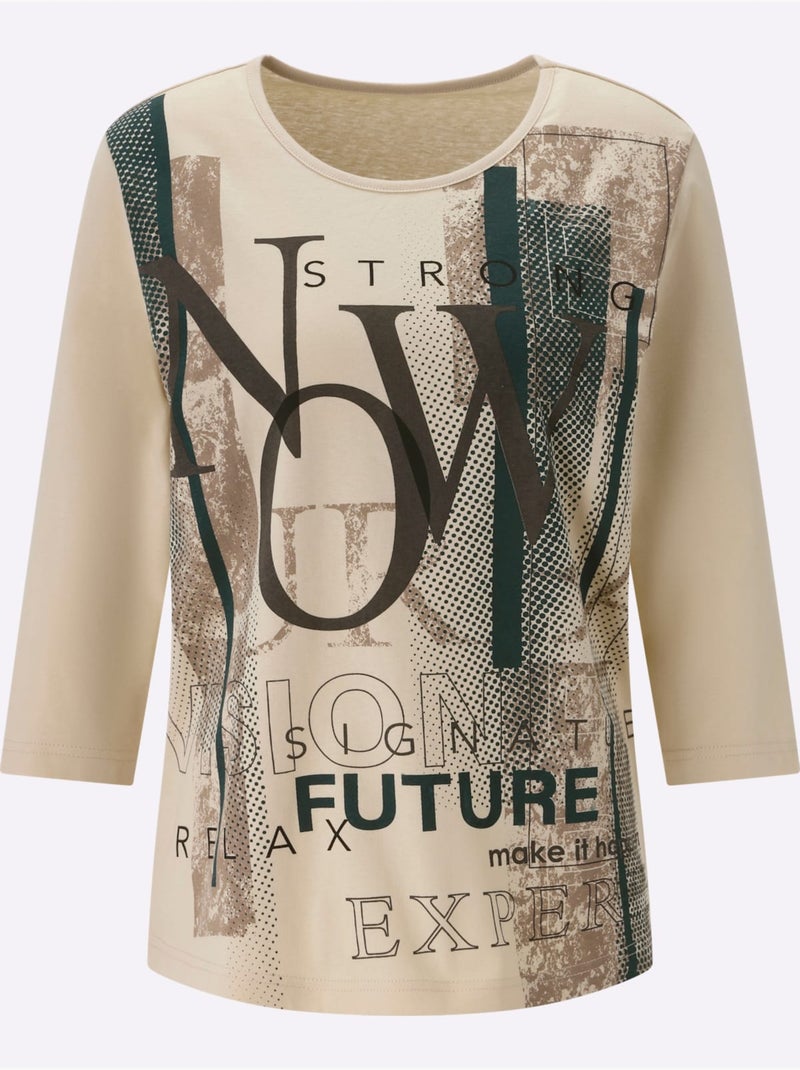 T-shirt à manches 3/4 inscription imprimée tendance - taille standard - moda vilona Sable - Kiabi