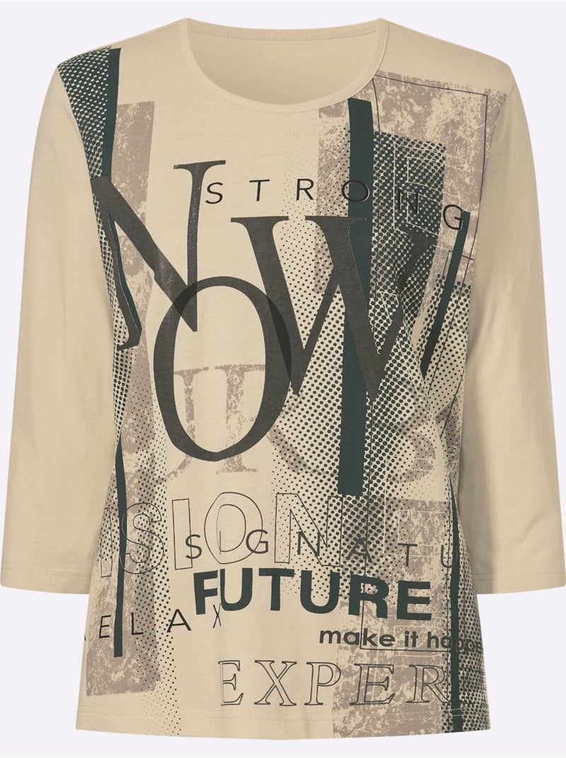 T-shirt à manches 3/4 inscription imprimée tendance - taille standard - moda vilona Sable - Kiabi
