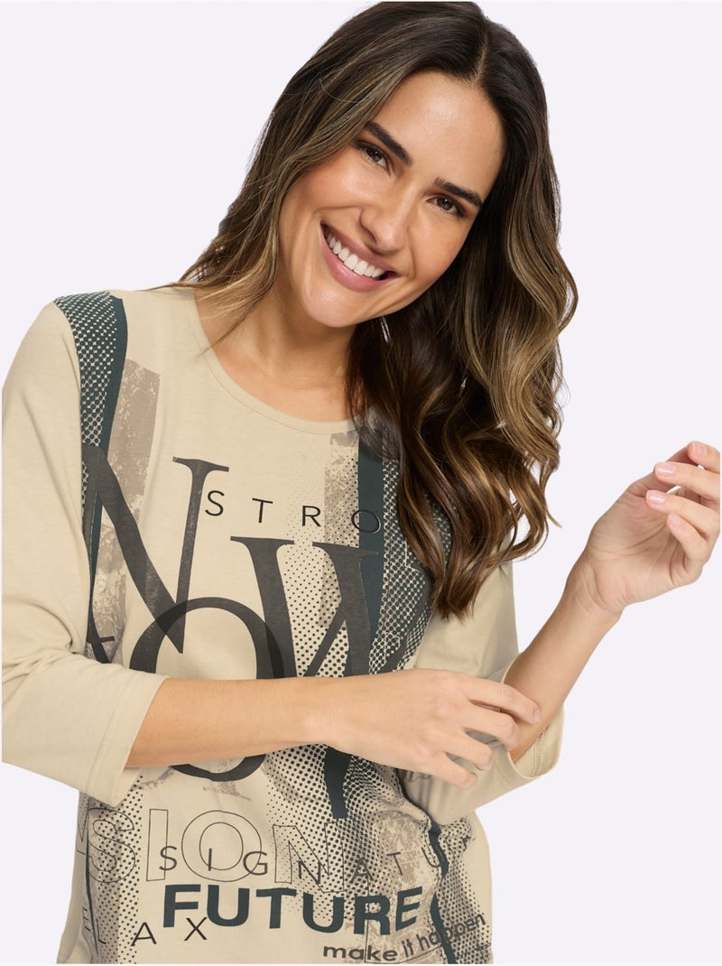 T-shirt à manches 3/4 inscription imprimée tendance - taille standard - moda vilona Sable - Kiabi