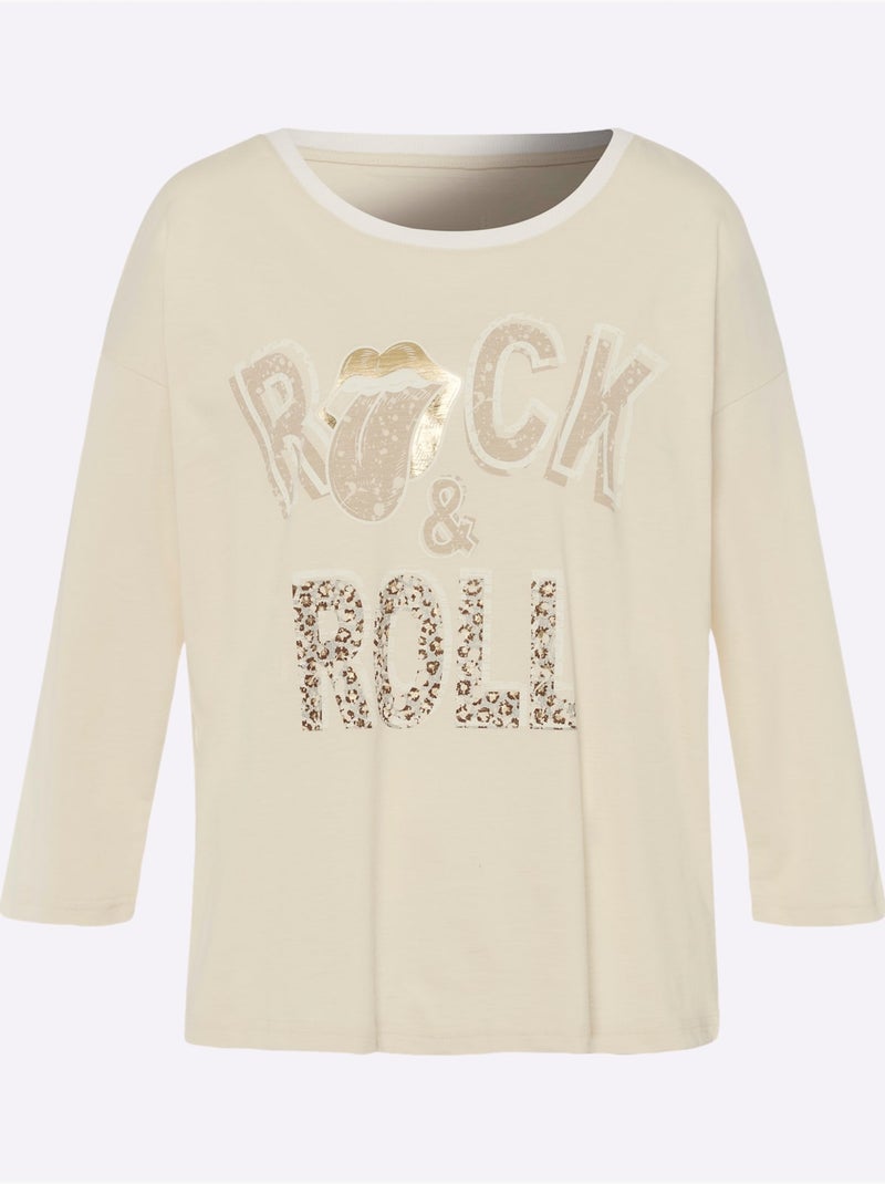 T-shirt à Manches 3/4 Inscription Tendance - Taille Standard - Helline Ivoire - Kiabi