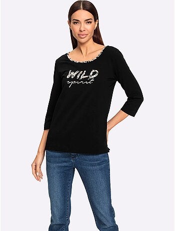 T-shirt à Manches 3/4 Inscription Tendance - Taille Standard - helline