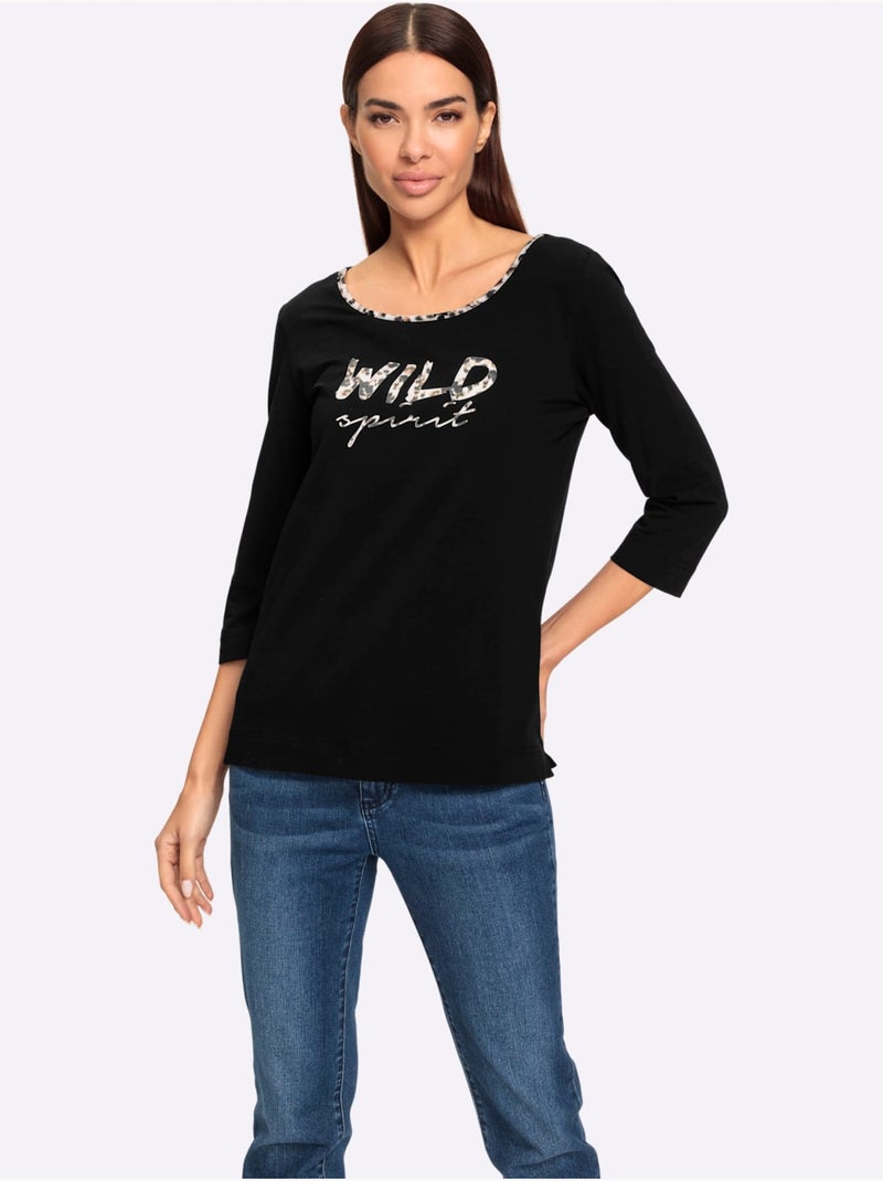 T-shirt à Manches 3/4 Inscription Tendance - Taille Standard - Helline Noir - Kiabi