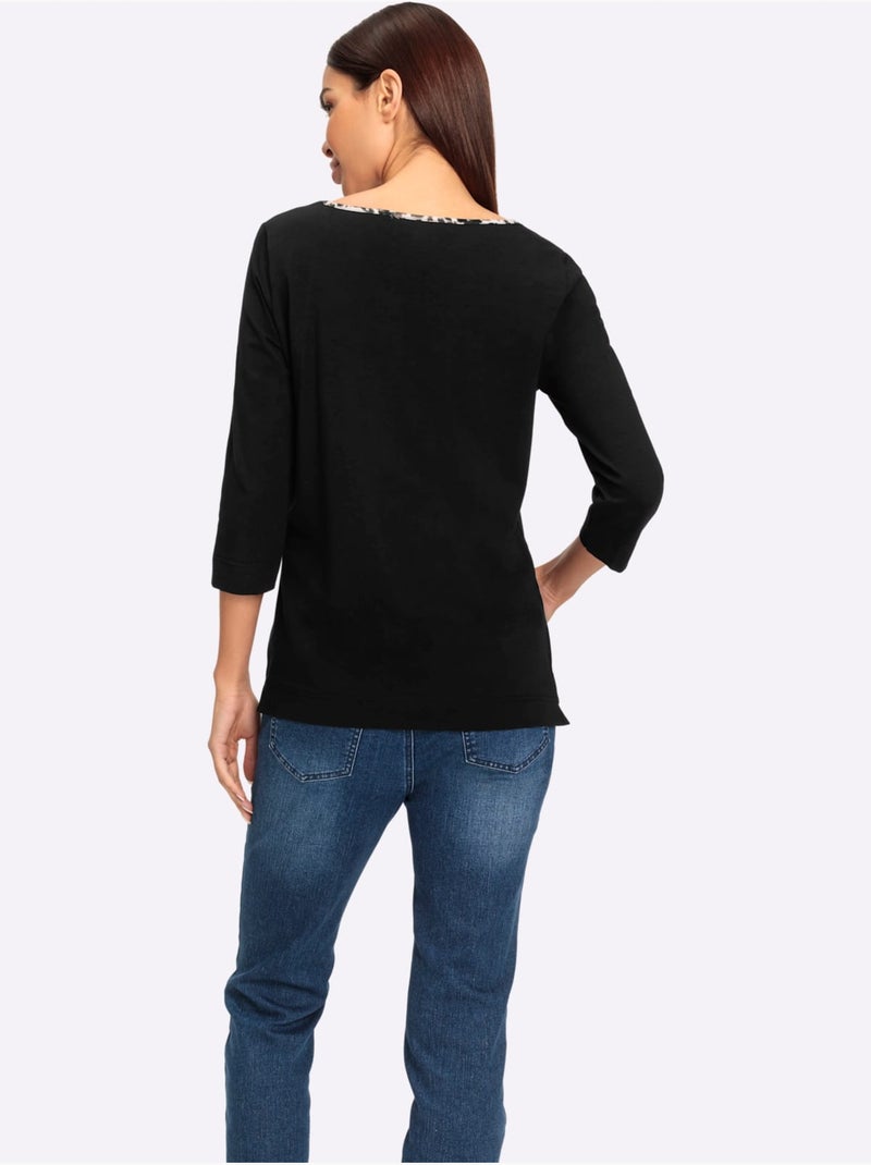 T-shirt à Manches 3/4 Inscription Tendance - Taille Standard - Helline Noir - Kiabi