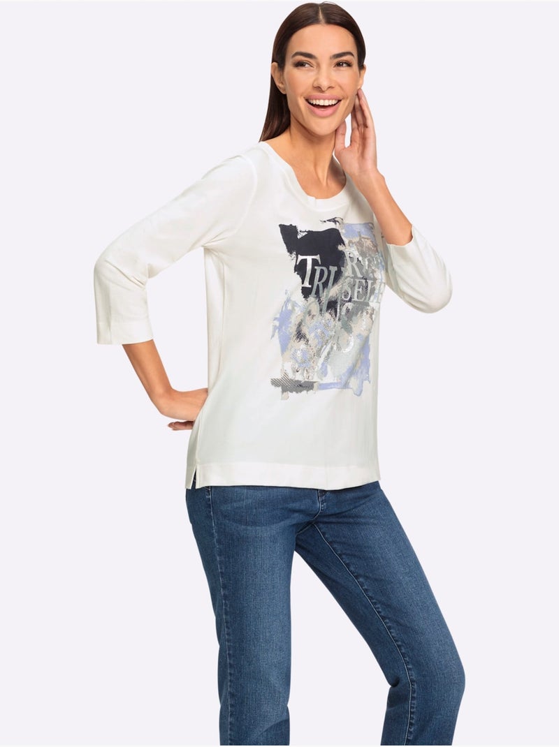 T-shirt à Manches 3/4 Joli Imprimé Devant - Taille Standard - helline Ecru - Kiabi