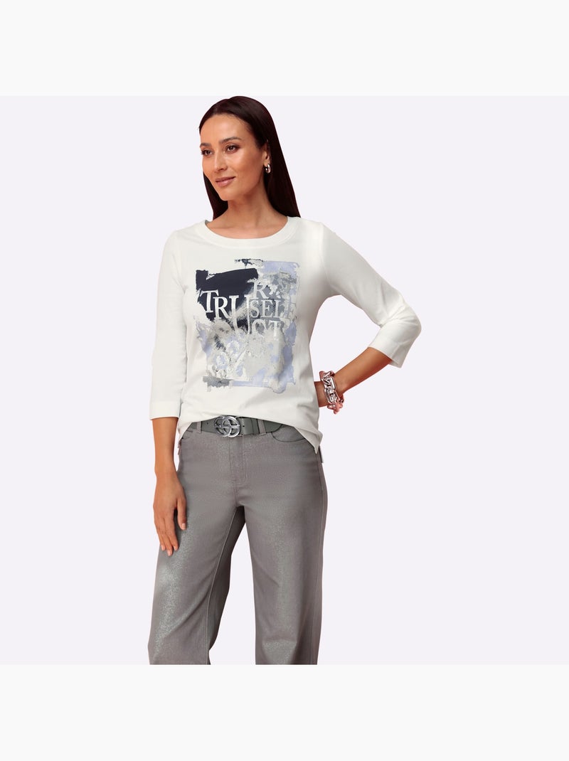 T-shirt à Manches 3/4 Joli Imprimé Devant - Taille Standard - helline Ecru - Kiabi