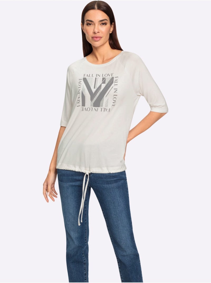 T-shirt à Manches 3/4 Jolies Pierres Brillantes Fantaisie - Taille Standard - Helline Ecru - Kiabi