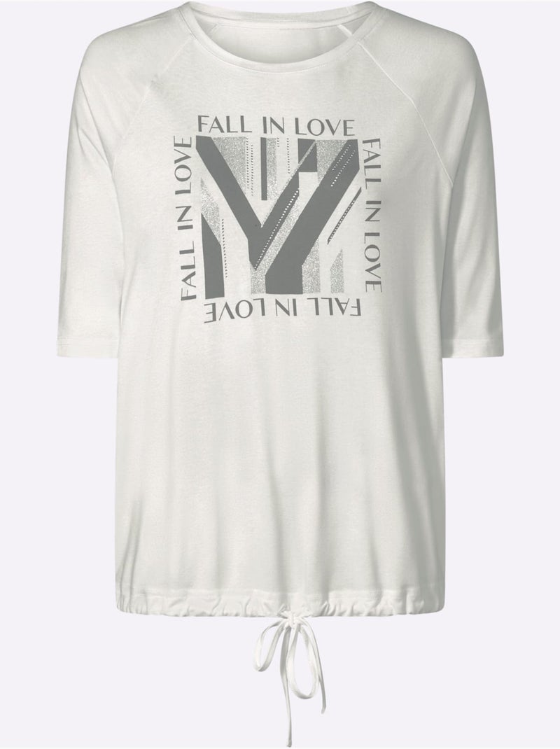T-shirt à Manches 3/4 Jolies Pierres Brillantes Fantaisie - Taille Standard - Helline Ecru - Kiabi