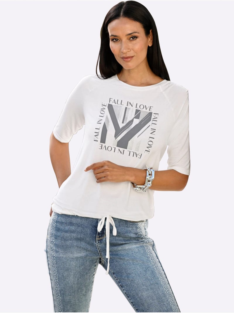 T-shirt à Manches 3/4 Jolies Pierres Brillantes Fantaisie - Taille Standard - Helline Ecru - Kiabi