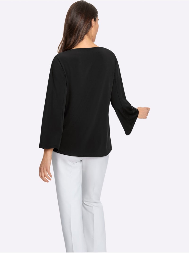 T-shirt à manches 3/4 jolis détails à l'encolure - taille standard - helline Noir - Kiabi