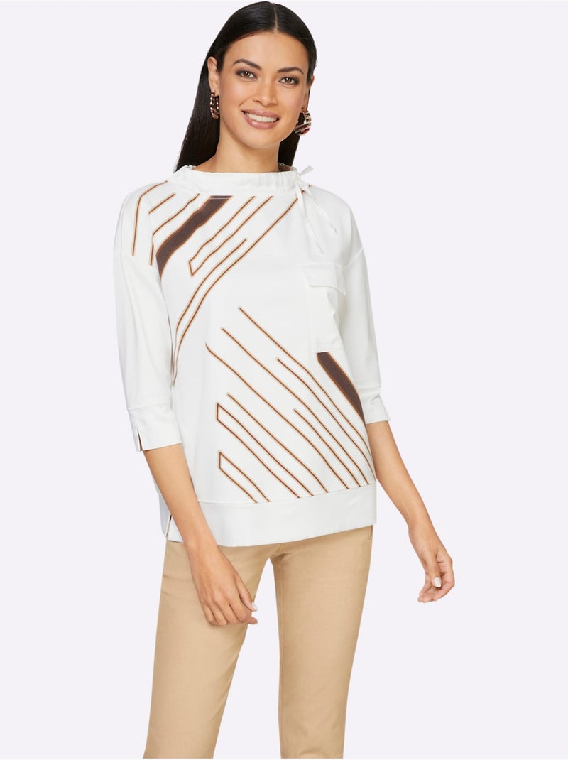T-shirt à manches 3/4 large col montant avec coulisse - taille standard - helline Ecru - Kiabi