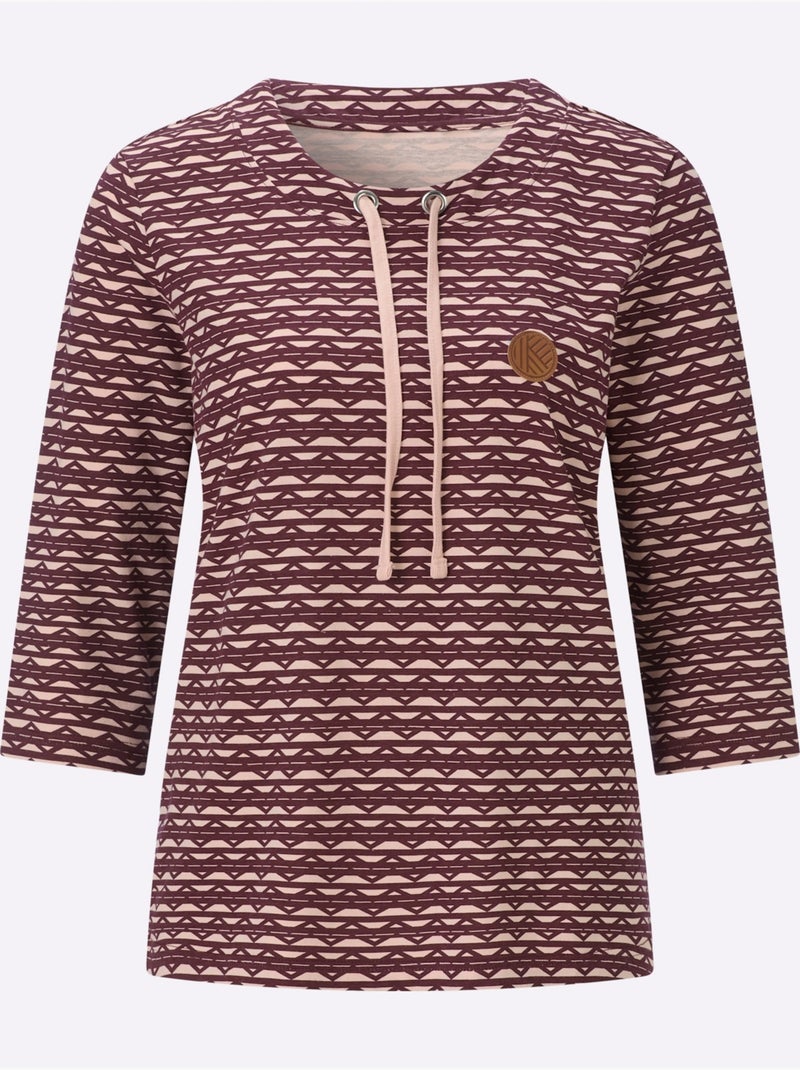 T-shirt à manches 3/4 lien à nouer à l'encolure - taille standard - moda vilona Écru/Violet - Kiabi