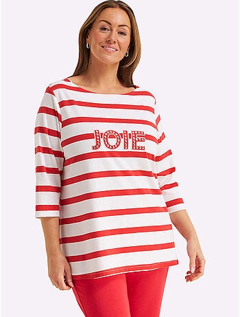 T-shirt à Manches 3/4 Mélange De Rayures Et De Lettres - Taille Standard - Sheego