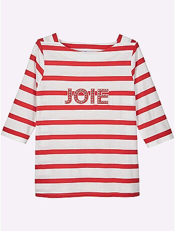 T-shirt à Manches 3/4 Mélange De Rayures Et De Lettres - Taille Standard - Sheego