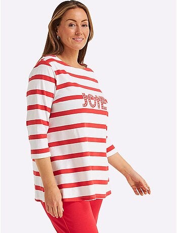 T-shirt à Manches 3/4 Mélange De Rayures Et De Lettres - Taille Standard - Sheego