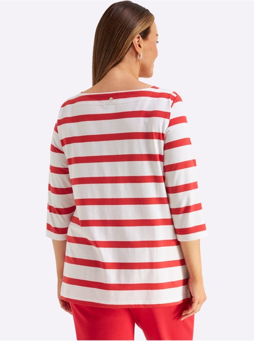 T-shirt à Manches 3/4 Mélange De Rayures Et De Lettres - Taille Standard - Sheego - Kiabi