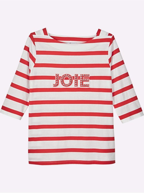T-shirt à Manches 3/4 Mélange De Rayures Et De Lettres - Taille Standard - Sheego - Kiabi