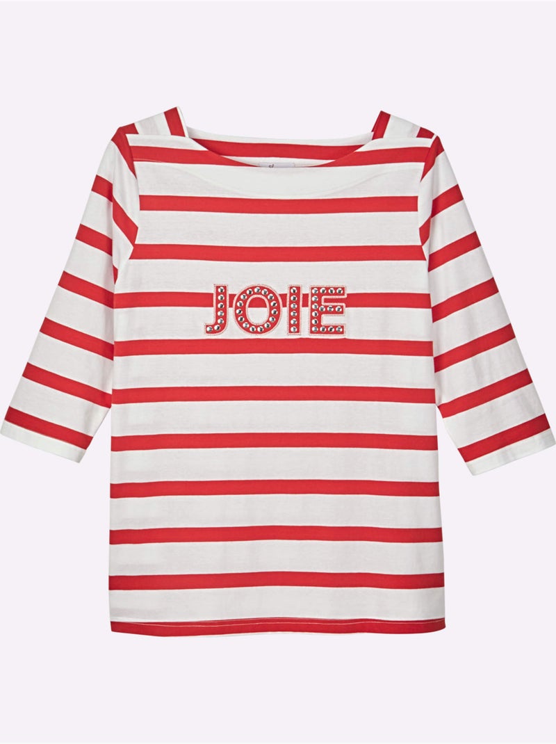 T-shirt à Manches 3/4 Mélange De Rayures Et De Lettres - Taille Standard - Sheego Blanc - Kiabi