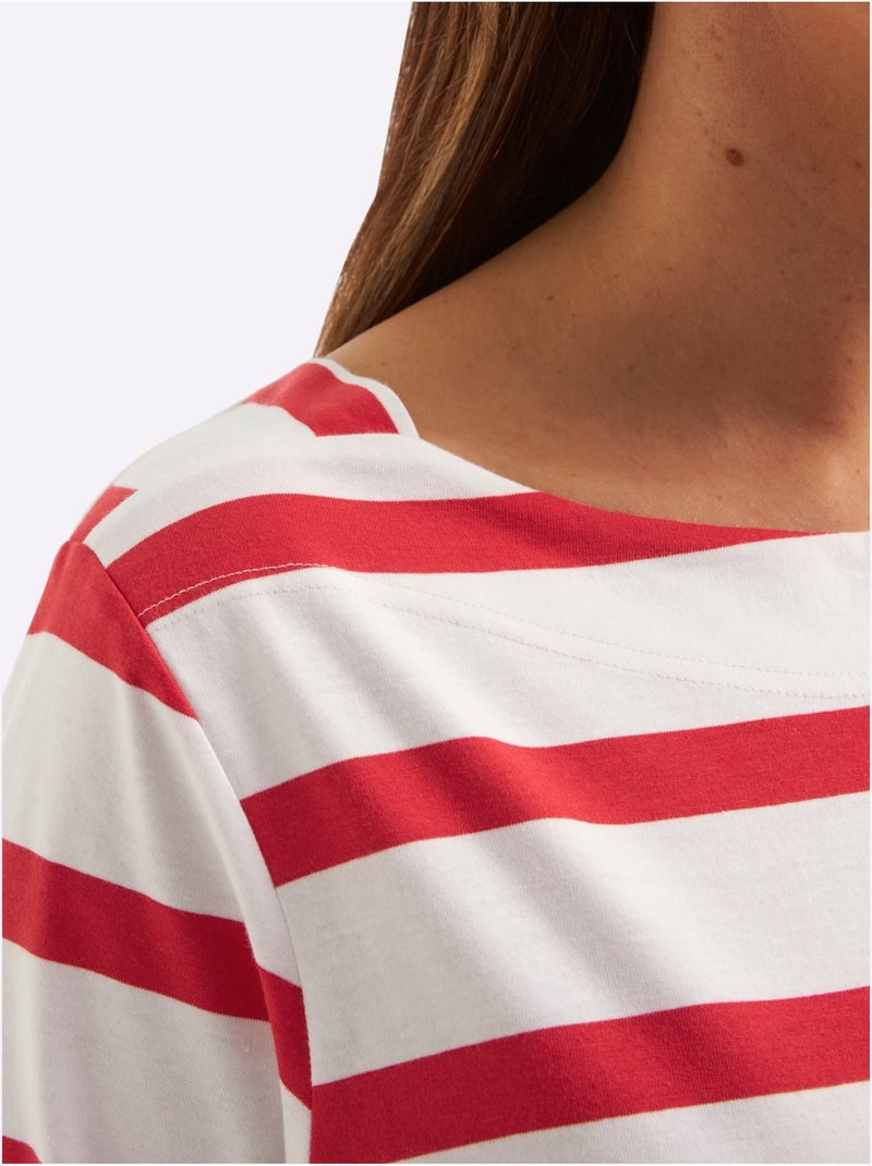 T-shirt à Manches 3/4 Mélange De Rayures Et De Lettres - Taille Standard - Sheego Blanc - Kiabi