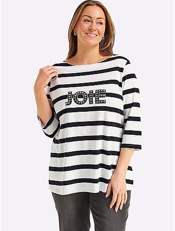 T-shirt à Manches 3/4 Mélange De Rayures Et De Lettres - Taille Standard - Sheego