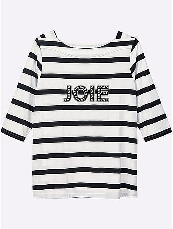 T-shirt à Manches 3/4 Mélange De Rayures Et De Lettres - Taille Standard - Sheego