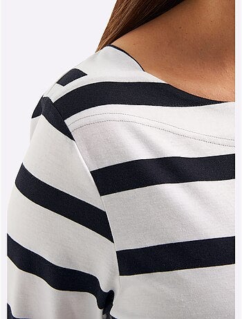 T-shirt à Manches 3/4 Mélange De Rayures Et De Lettres - Taille Standard - Sheego