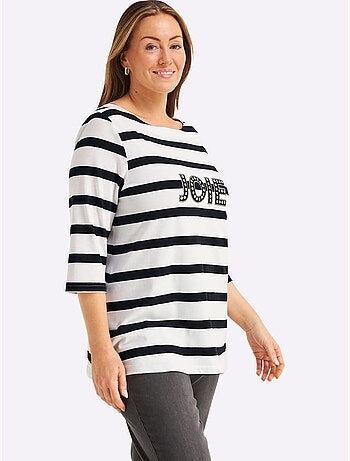 T-shirt à Manches 3/4 Mélange De Rayures Et De Lettres - Taille Standard - Sheego