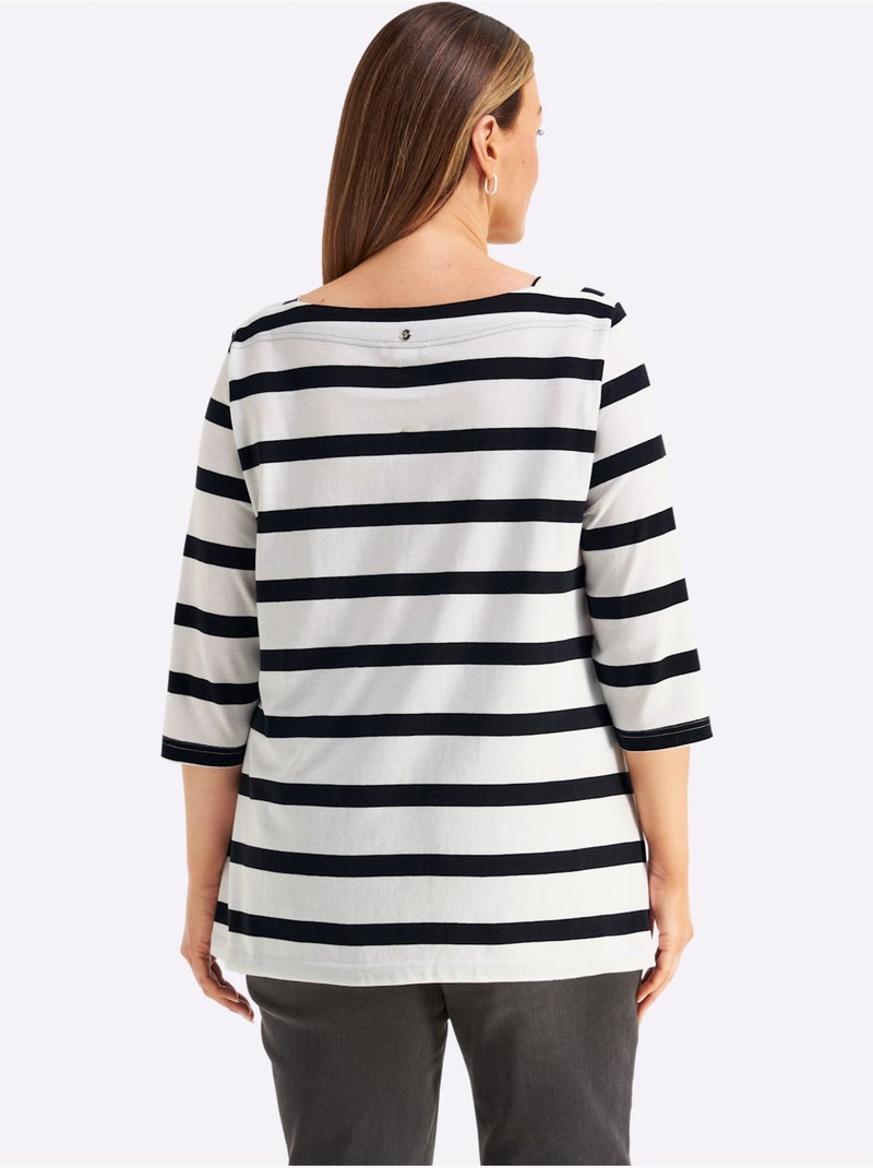 T-shirt à Manches 3/4 Mélange De Rayures Et De Lettres - Taille Standard - Sheego Blanc Noir - Kiabi