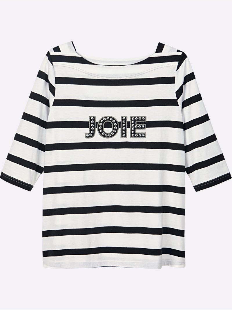 T-shirt à Manches 3/4 Mélange De Rayures Et De Lettres - Taille Standard - Sheego Blanc Noir - Kiabi