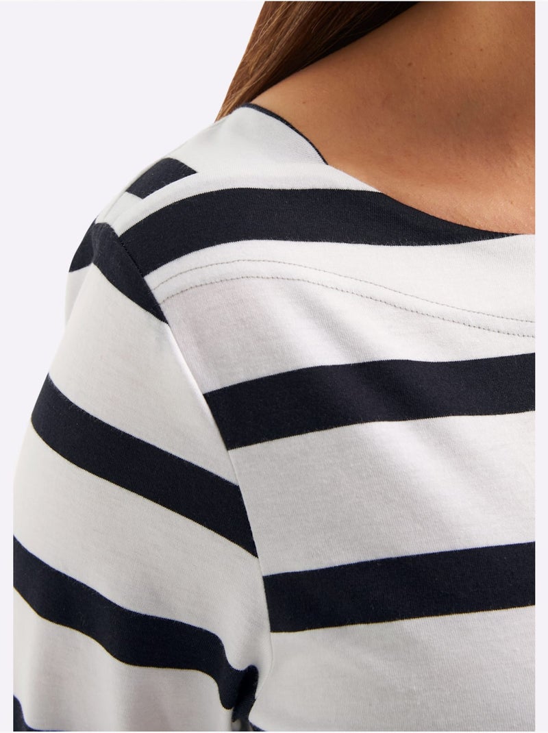 T-shirt à Manches 3/4 Mélange De Rayures Et De Lettres - Taille Standard - Sheego Blanc Noir - Kiabi