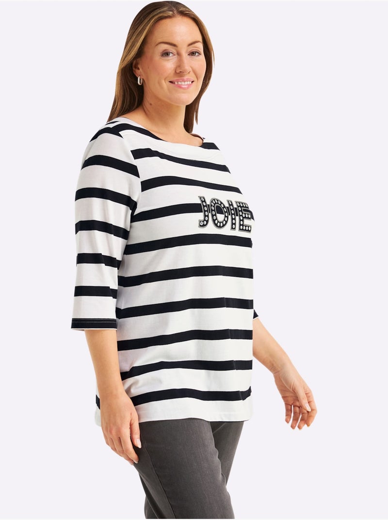 T-shirt à Manches 3/4 Mélange De Rayures Et De Lettres - Taille Standard - Sheego Blanc Noir - Kiabi
