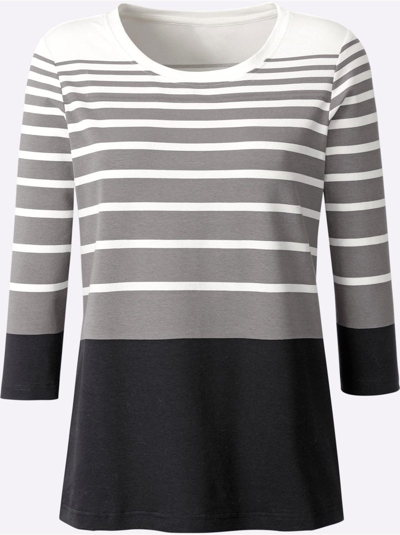 T-shirt à manches 3/4 motif à rayures mode - taille standard - helline Noir Gris - Kiabi
