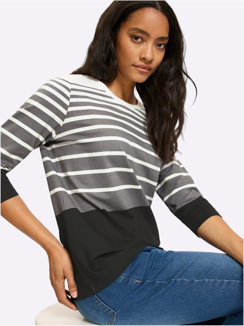 T-shirt à manches 3/4 motif à rayures mode - taille standard - helline Noir Gris - Kiabi
