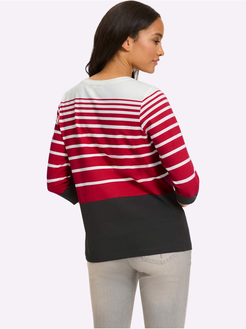 T-shirt à manches 3/4 motif à rayures mode - taille standard - helline Noir Rouge - Kiabi