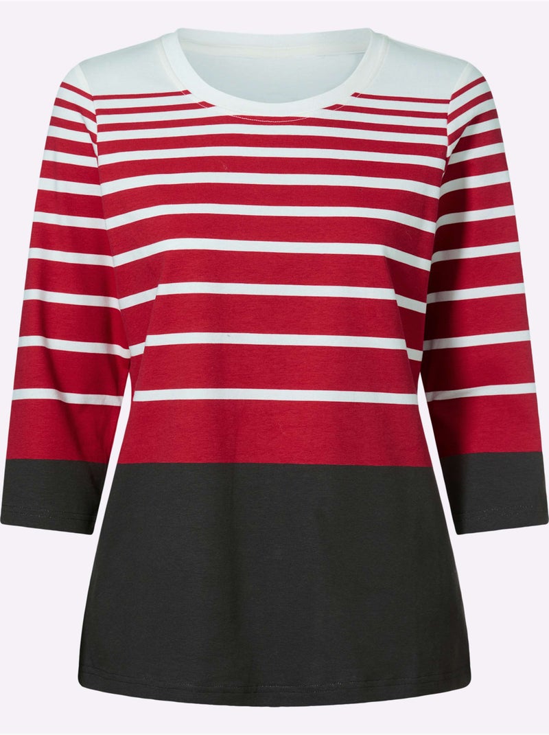 T-shirt à manches 3/4 motif à rayures mode - taille standard - helline Noir Rouge - Kiabi