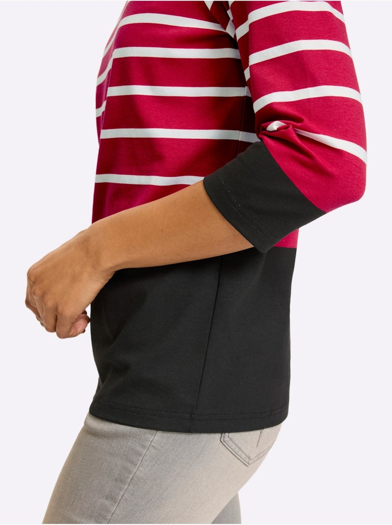 T-shirt à manches 3/4 motif à rayures mode - taille standard - helline Noir Rouge - Kiabi