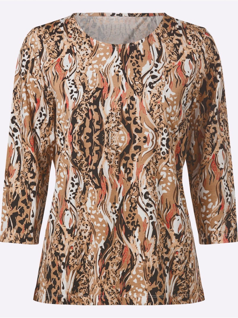 T-shirt à Manches 3/4 Motif Animal Tendance - Taille Standard - Moda Vilona Terre cuite - Kiabi