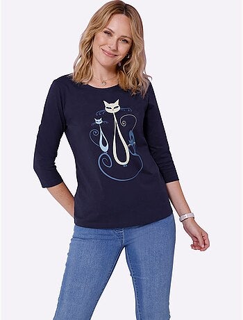 T-shirt à Manches 3/4 Motif Chat Amusant - Taille Standard - Moda Vilona