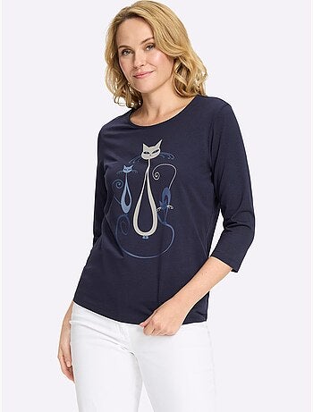 T-shirt à Manches 3/4 Motif Chat Amusant - Taille Standard - Moda Vilona
