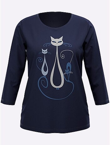 T-shirt à Manches 3/4 Motif Chat Amusant - Taille Standard - Moda Vilona